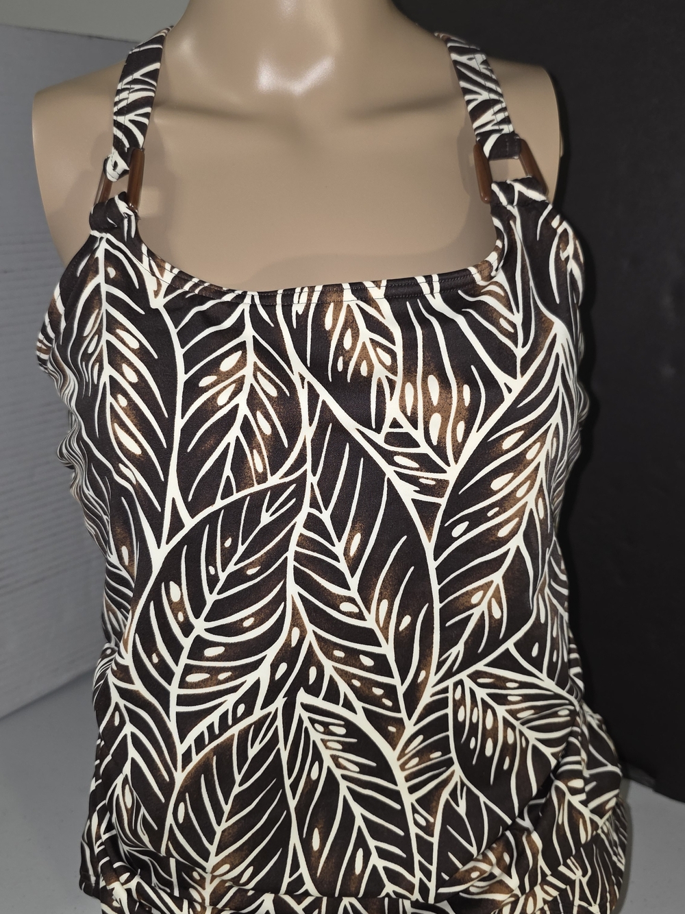 Lands' End Brown and Cream Leaf-Print Bikini Tankini Top Size 12